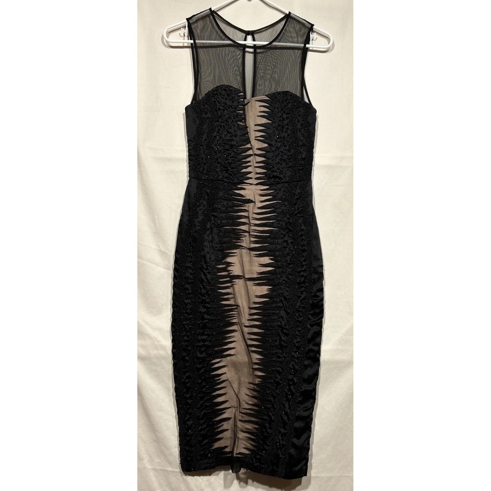 Black Beaded Cocktail Dress Netting Nude color Panels Sz 4 French Connection